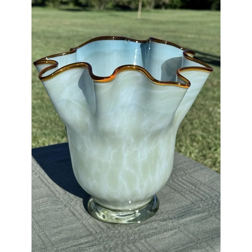 VTG Murano Style Italian Glass Handkerchief Vase Ruffled Mint Green Blue 9.5
